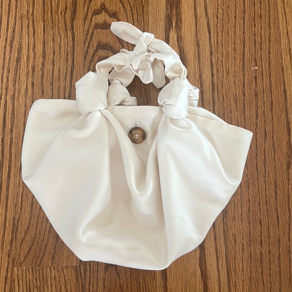Cream Satin Top Handle Bag with Button Closure
